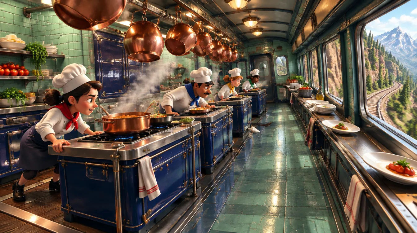 Dapur kereta makan berlapis enamel biru dan ubin mint. Kompor berjajar, panci tembaga bergantung, koki berpegangan di meja, rel melengkung terlihat dari jendela.